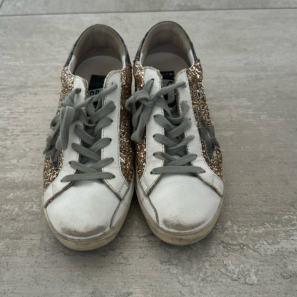 Golden Goose Superstar - gold, camo, and white (size 37)